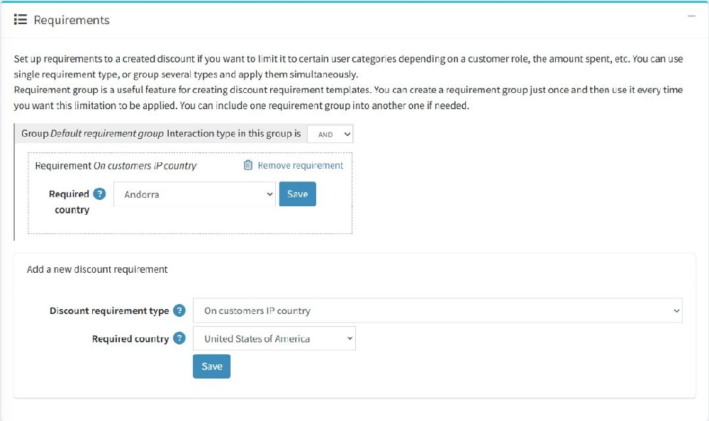discount on customers IP country requirement type